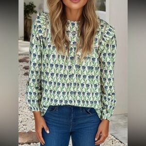 Floral Print Ruffle Blouse - Green and Blue